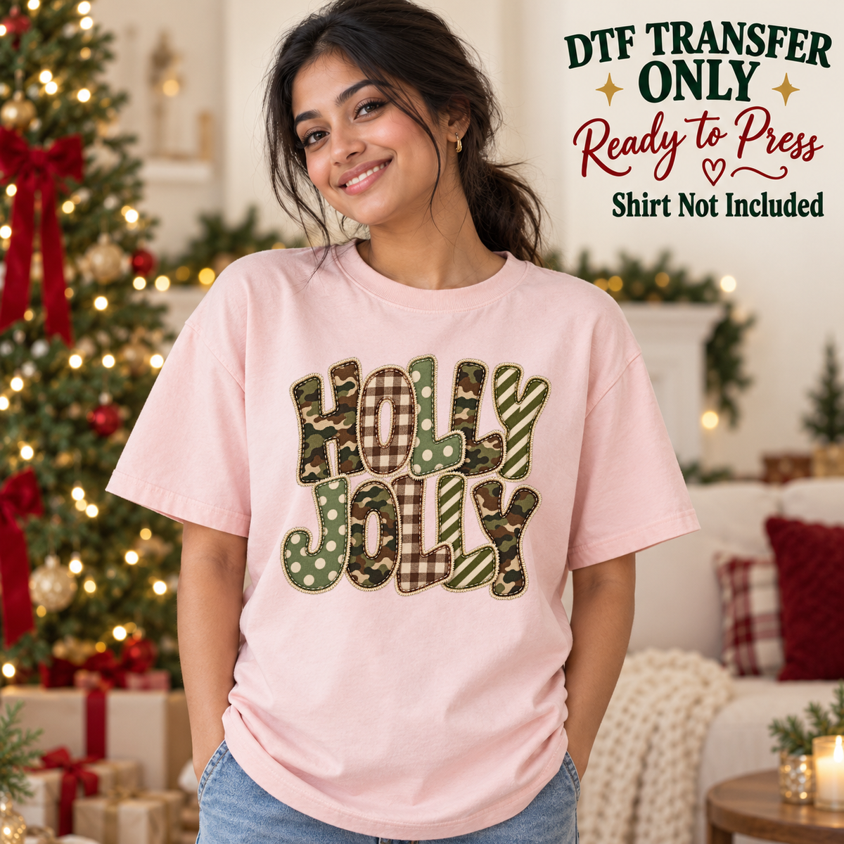 Model wearing a pink shirt showing Holly Jolly green patchwork lettering with checks stripes and polka dots; DTF transfer only, shirt not included.