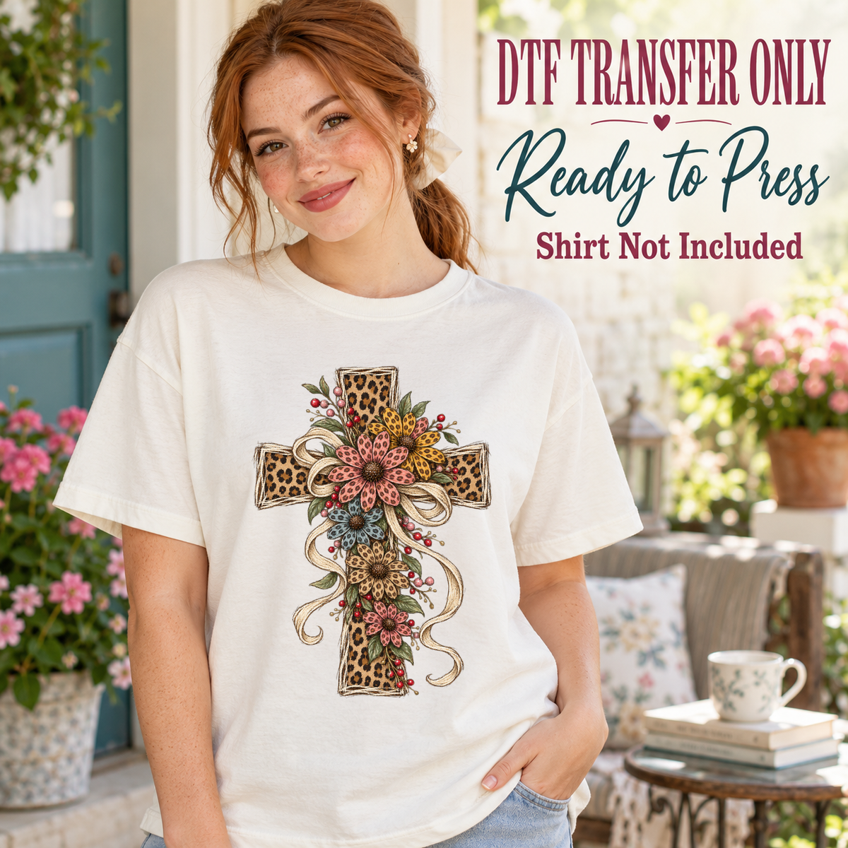 Model wearing a white shirt showing leopard-print cross with flowers and ribbon bows; DTF transfer only, shirt not included.