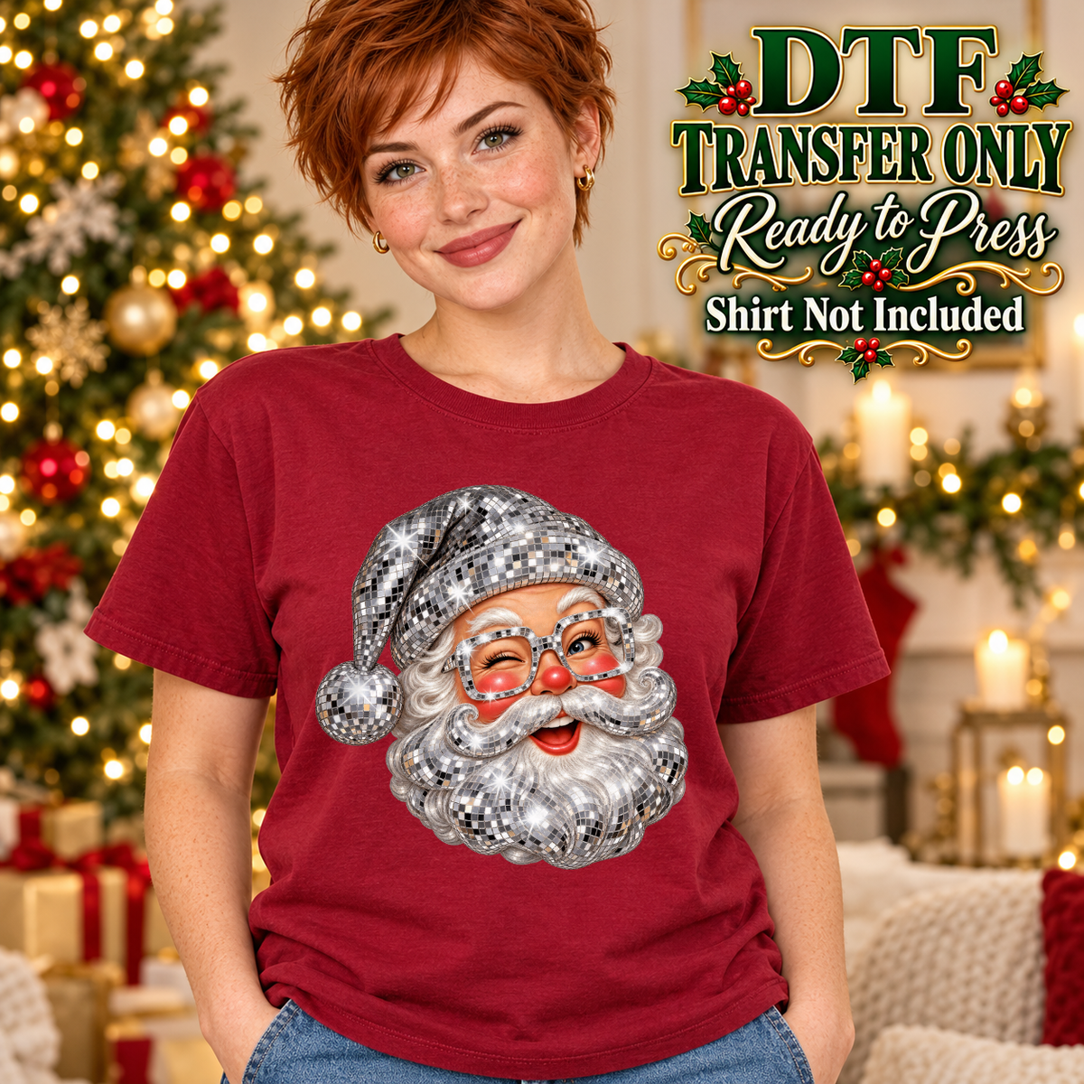 Model wearing a red shirt showing Santa face with a silver sparkle-effect hat and beard; DTF transfer only, shirt not included.