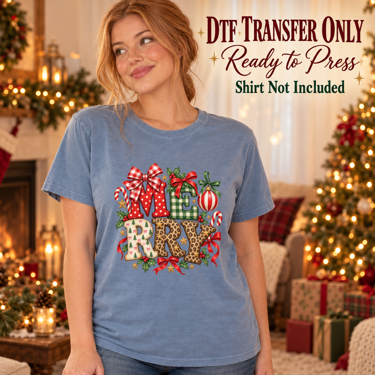 Model wearing a blue shirt with merry patchwork lettering with leopard patterns and bows; DTF transfer only, shirt not included.