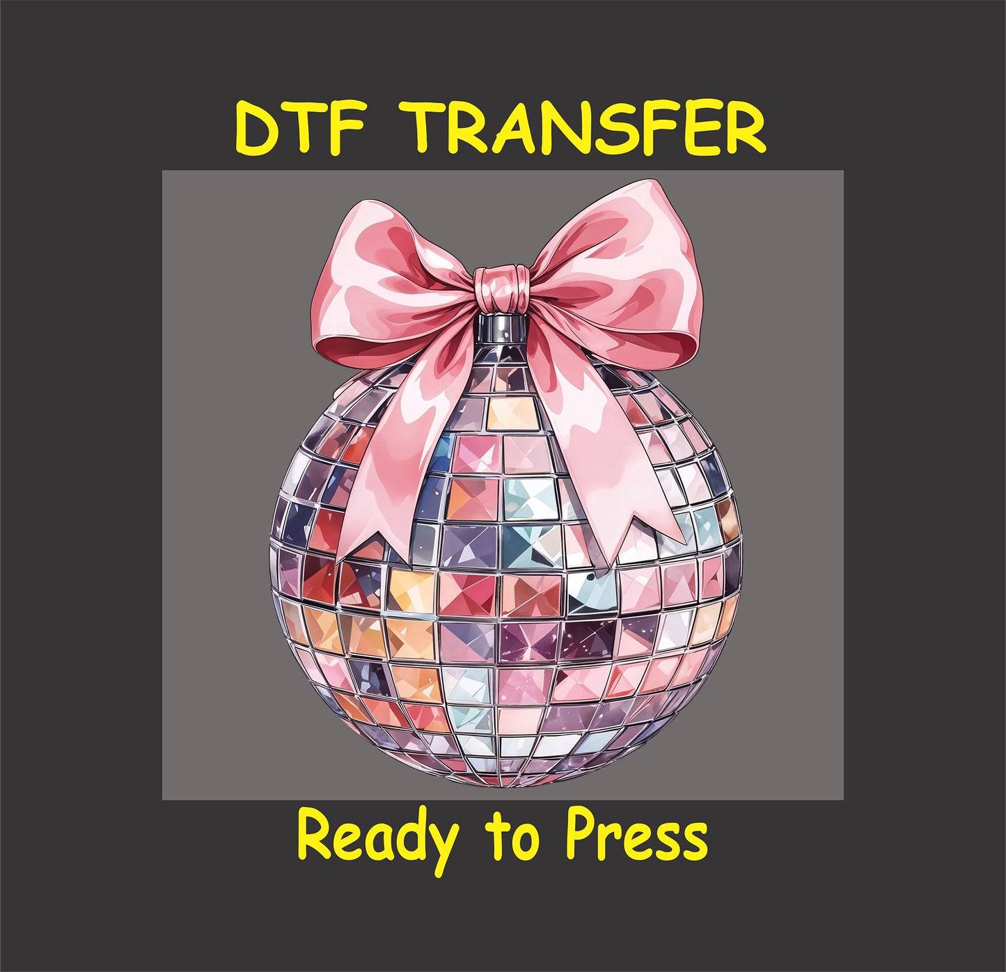 DTF transfer featuring a colorful disco ball adorned with a pink bow, perfect for festive and party designs.