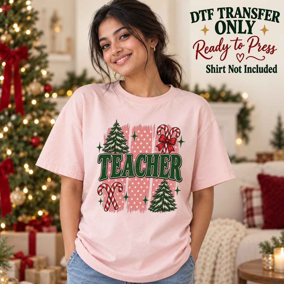 Model wearing a pink shirt with teacher lettering with tree candy canes pink pattern and bow; DTF transfer only, shirt not included.