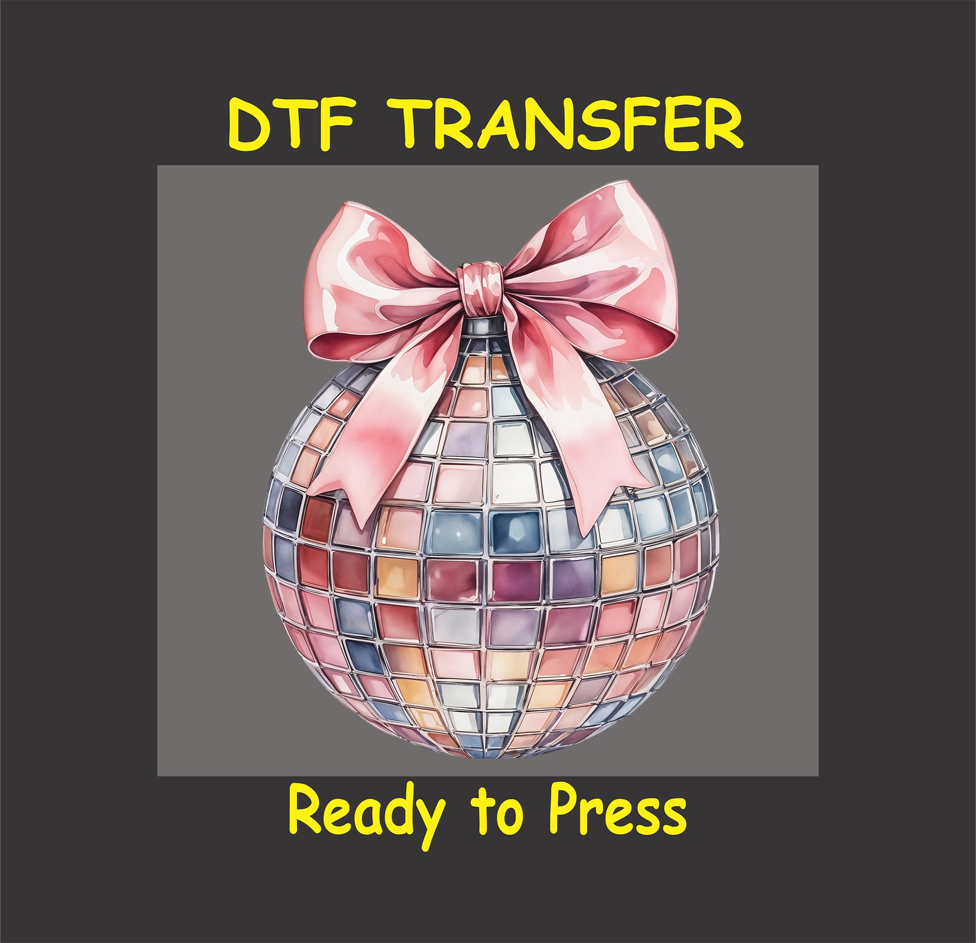 DTF transfer featuring a sleek, multi-colored disco ball with an elegant pink bow, ideal for festive and party designs.