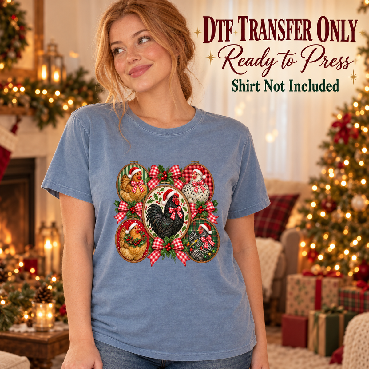 Model wearing a blue shirt with roosters in christmas frames with red green bows; DTF transfer only, shirt not included.