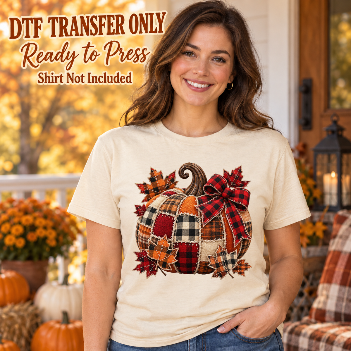 Model wearing a cream shirt with patchwork pumpkin with plaid bow and autumn leaves; DTF transfer only, shirt not included.
