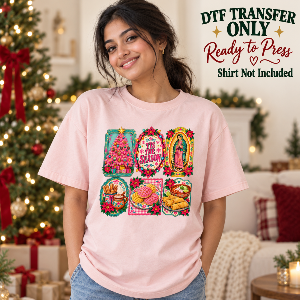 Model wearing a pink shirt with christmas collage with tis the season tree virgin image and food panels; DTF transfer only, shirt not included.