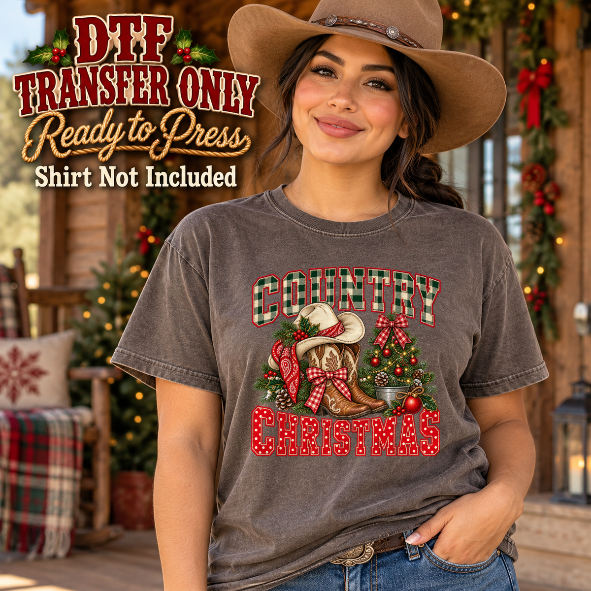 Model wearing a charcoal shirt with country christmas plaid lettering with decorated cowboy boot; DTF transfer only, shirt not included.