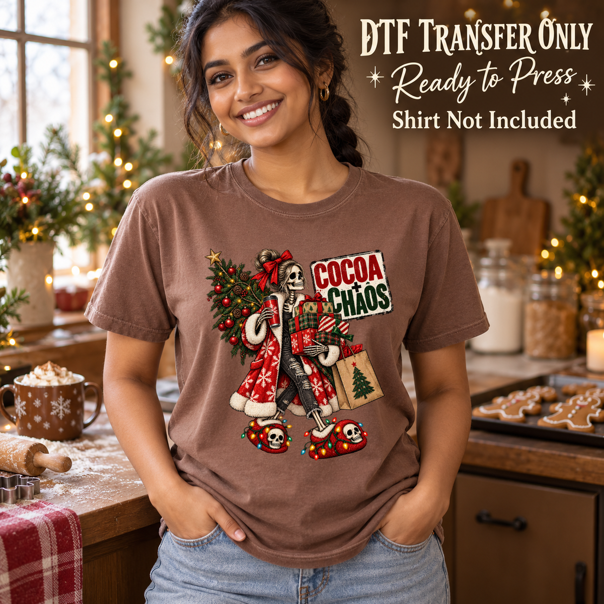 Cocoa Chaos Christmas skeleton with holiday accessories shown on a brown shirt worn by a woman; DTF transfer only, shirt not included.