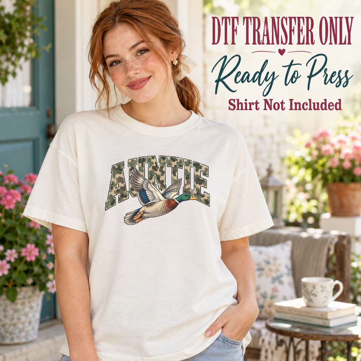 Auntie camouflage lettering with a flying duck shown on a white shirt worn by a woman; DTF transfer only, shirt not included.