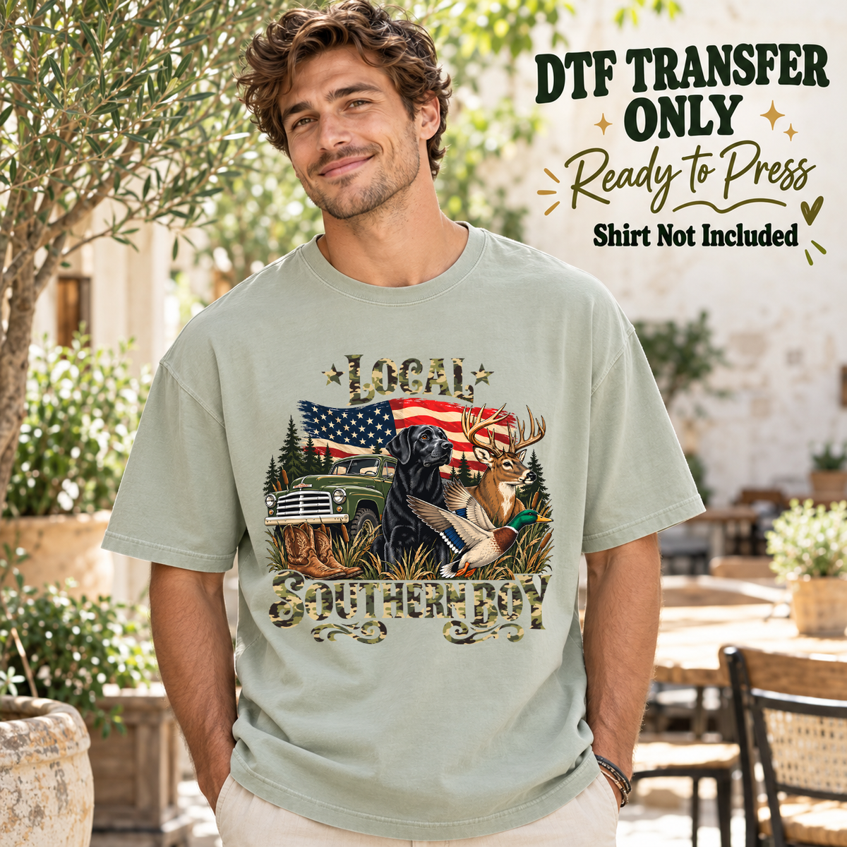 Local Southern lettering with American flag and wildlife shown on a sage green shirt worn by a man; DTF transfer only, shirt not included.