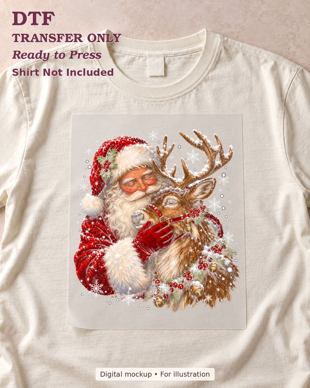 Santa embracing a reindeer with bells and snowy antlers, shown as a DTF sheet on a cream shirt; shirt not included.