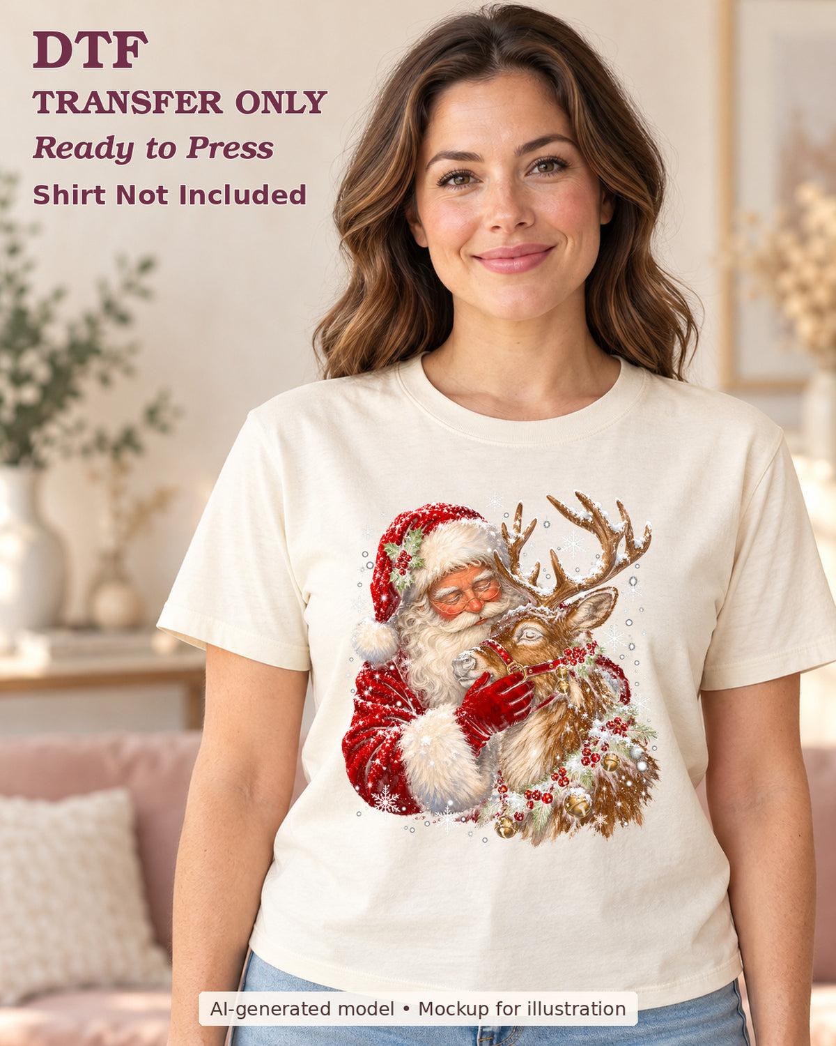 AI-model mockup wearing a cream shirt with the Santa and reindeer Christmas design; physical DTF transfer only.
