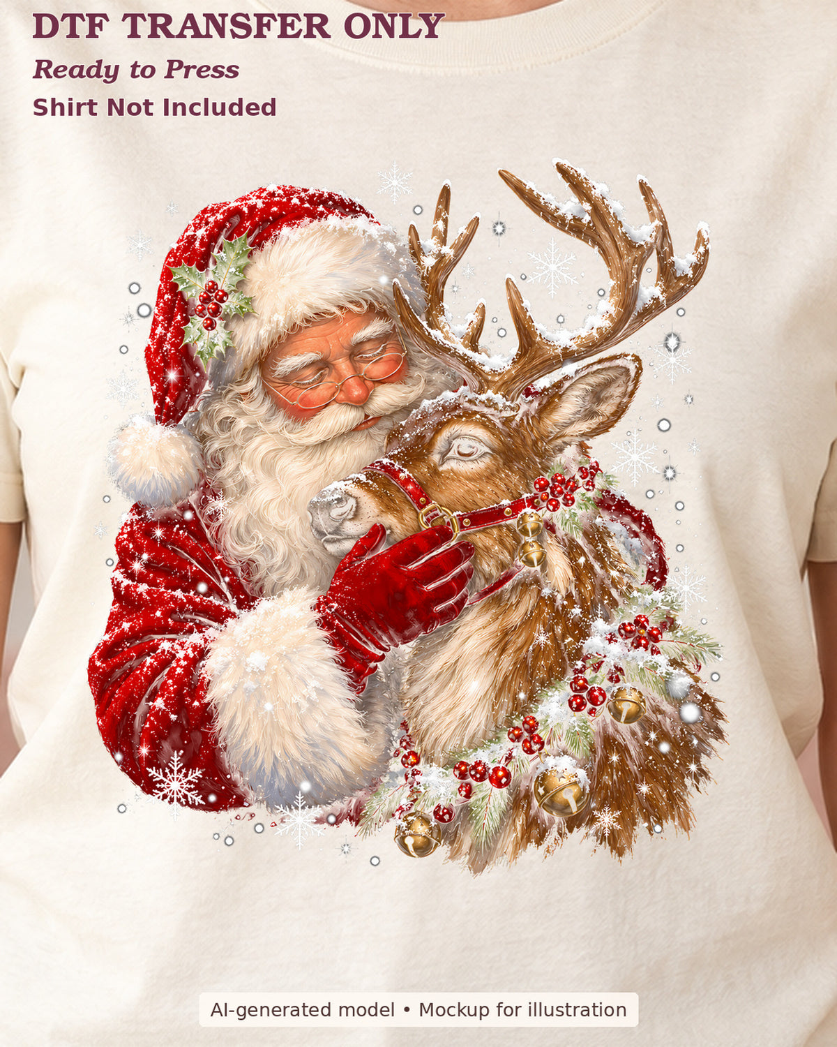 Close-up cream shirt mockup showing Santa embracing a decorated reindeer; ready-to-press DTF transfer, shirt not included.