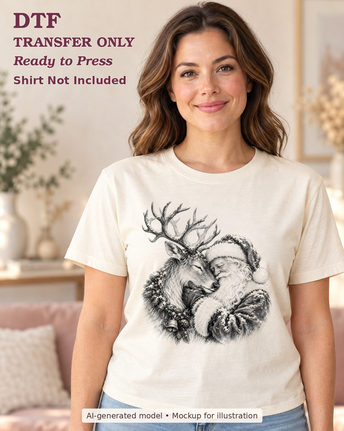 AI-model mockup wearing a cream shirt with the monochrome Santa and reindeer sketch; physical DTF transfer only.