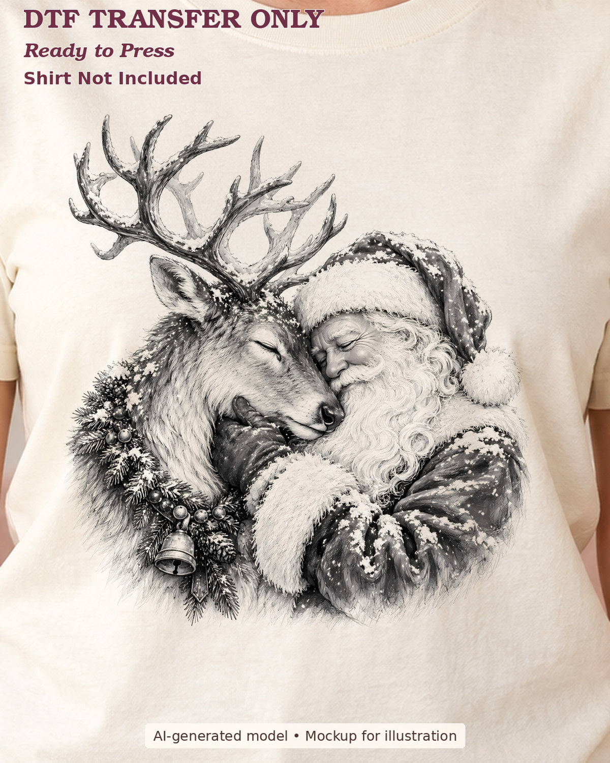 Close-up cream shirt mockup of the monochrome Santa and reindeer Christmas sketch; ready-to-press transfer, shirt not included.
