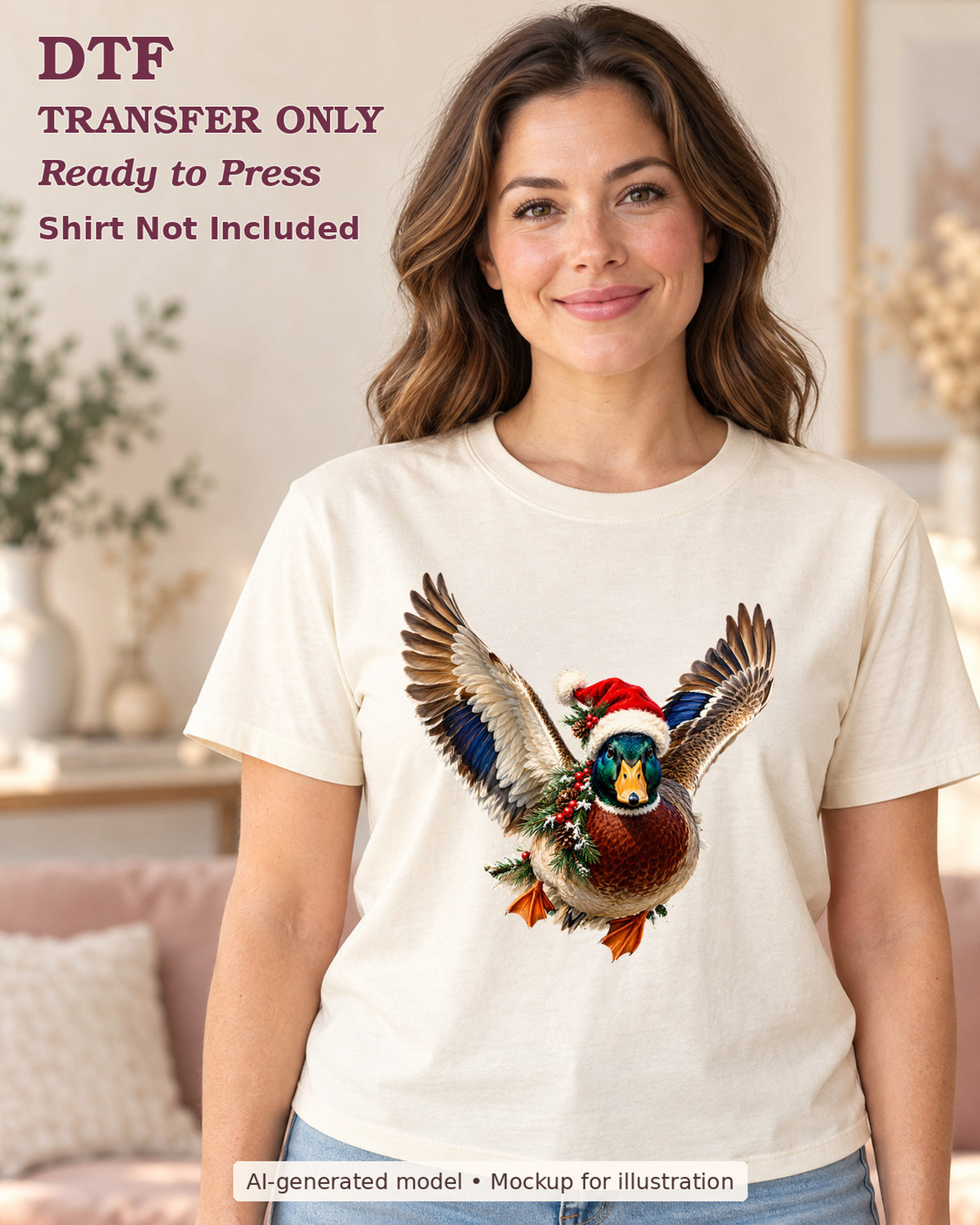AI-model mockup wearing a cream shirt with flying mallard duck in a santa hat with festive greenery; physical DTF transfer only.