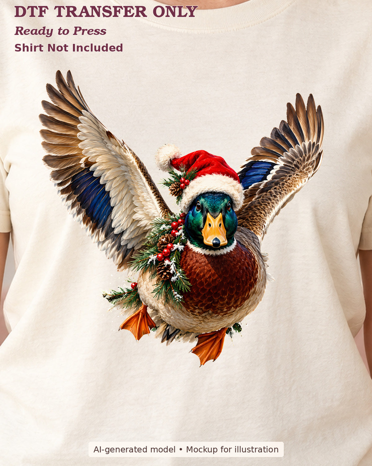 Close-up cream shirt mockup showing flying mallard duck in a santa hat with festive greenery; shirt not included.