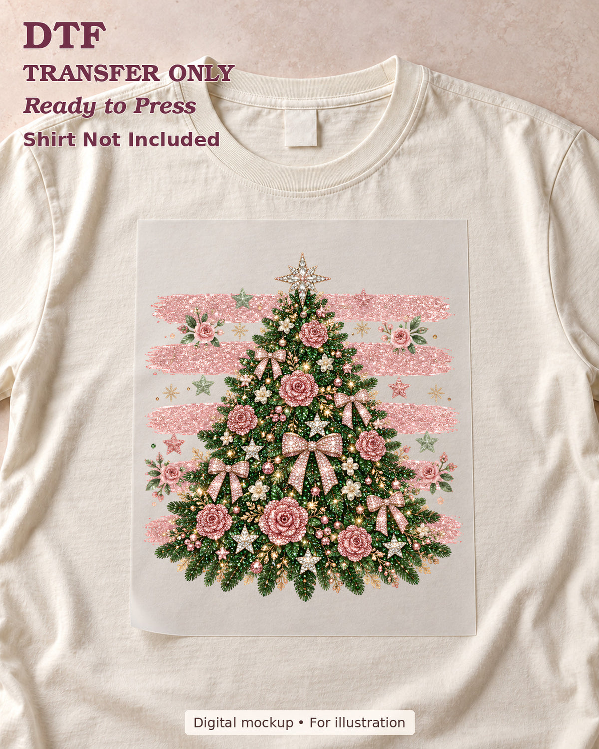 Christmas tree decorated with pink bows and rose-like ornaments over pink stripes, shown as a transfer sheet on a cream shirt; shirt not included.
