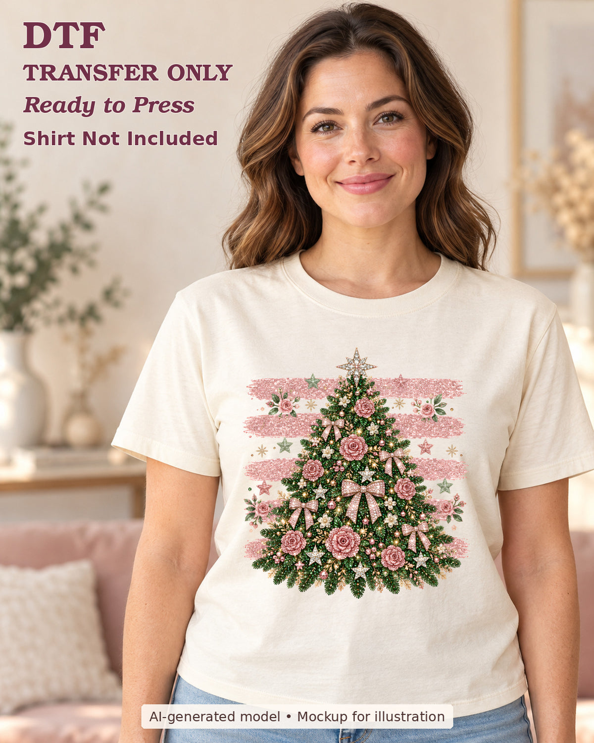 AI-model mockup wearing a cream shirt with christmas tree decorated with pink bows and rose-like ornaments over pink stripes; physical DTF transfer only.