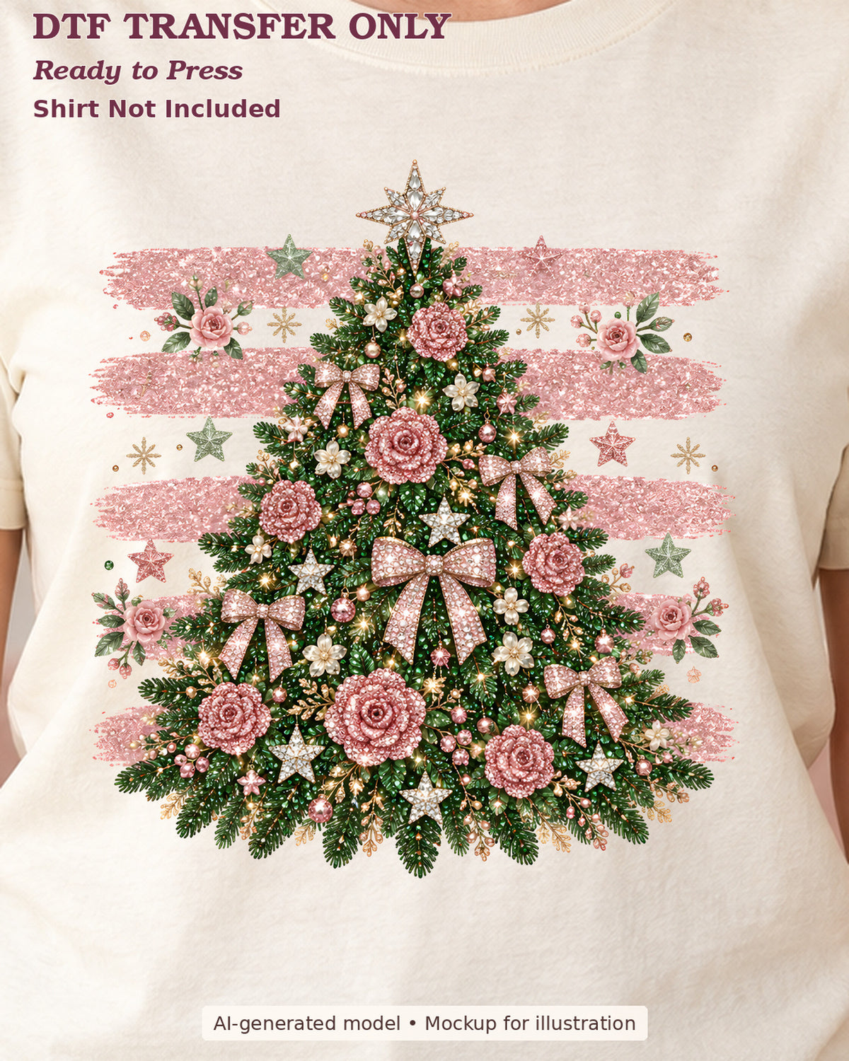 Close-up cream shirt mockup showing christmas tree decorated with pink bows and rose-like ornaments over pink stripes; shirt not included.