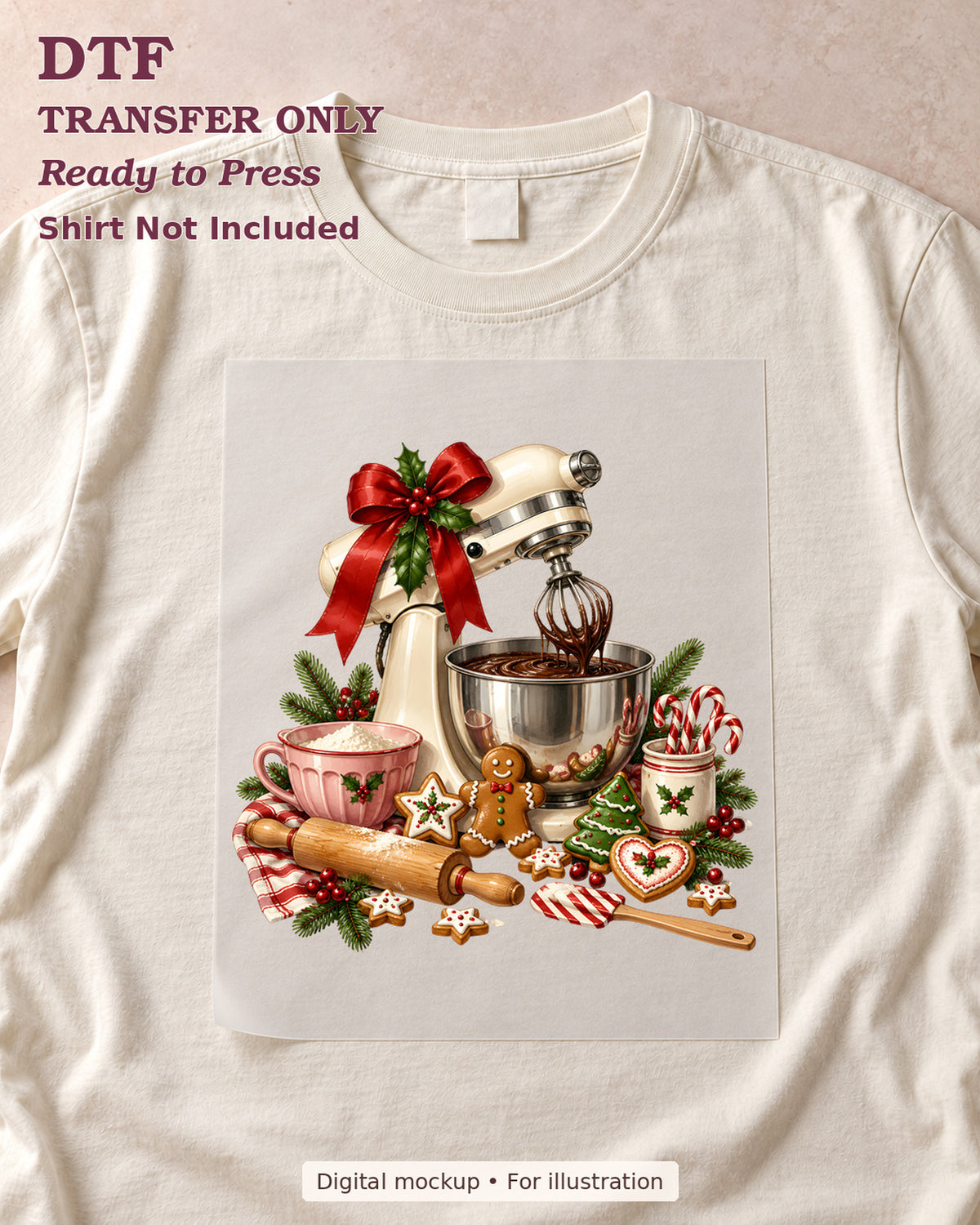 Christmas stand mixer with red bow, rolling pin, cookies and festive mugs, shown as a transfer sheet on a cream shirt; shirt not included.