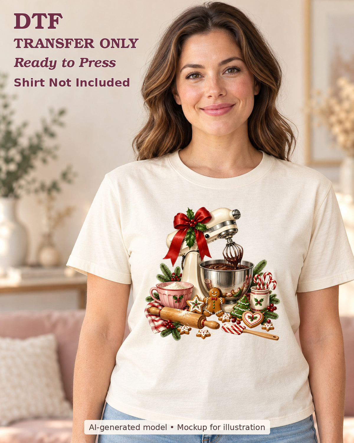 AI-model mockup wearing a cream shirt with christmas stand mixer with red bow, rolling pin, cookies and festive mugs; physical DTF transfer only.
