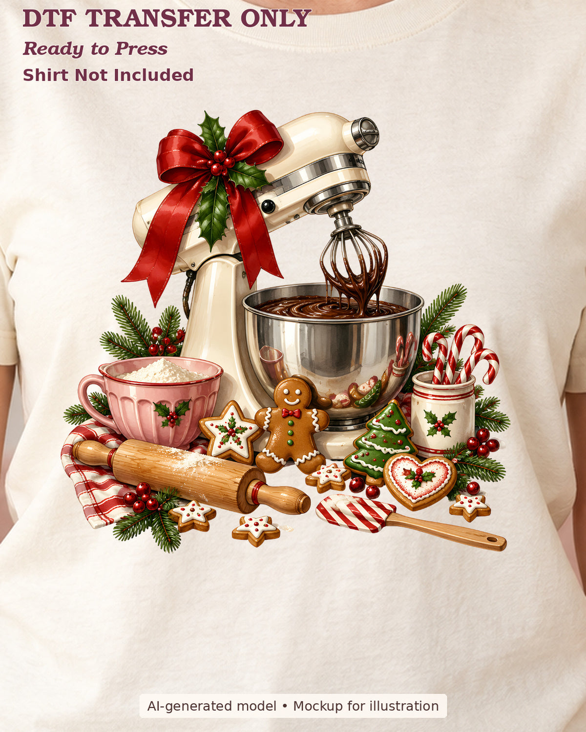 Close-up cream shirt mockup showing christmas stand mixer with red bow, rolling pin, cookies and festive mugs; shirt not included.