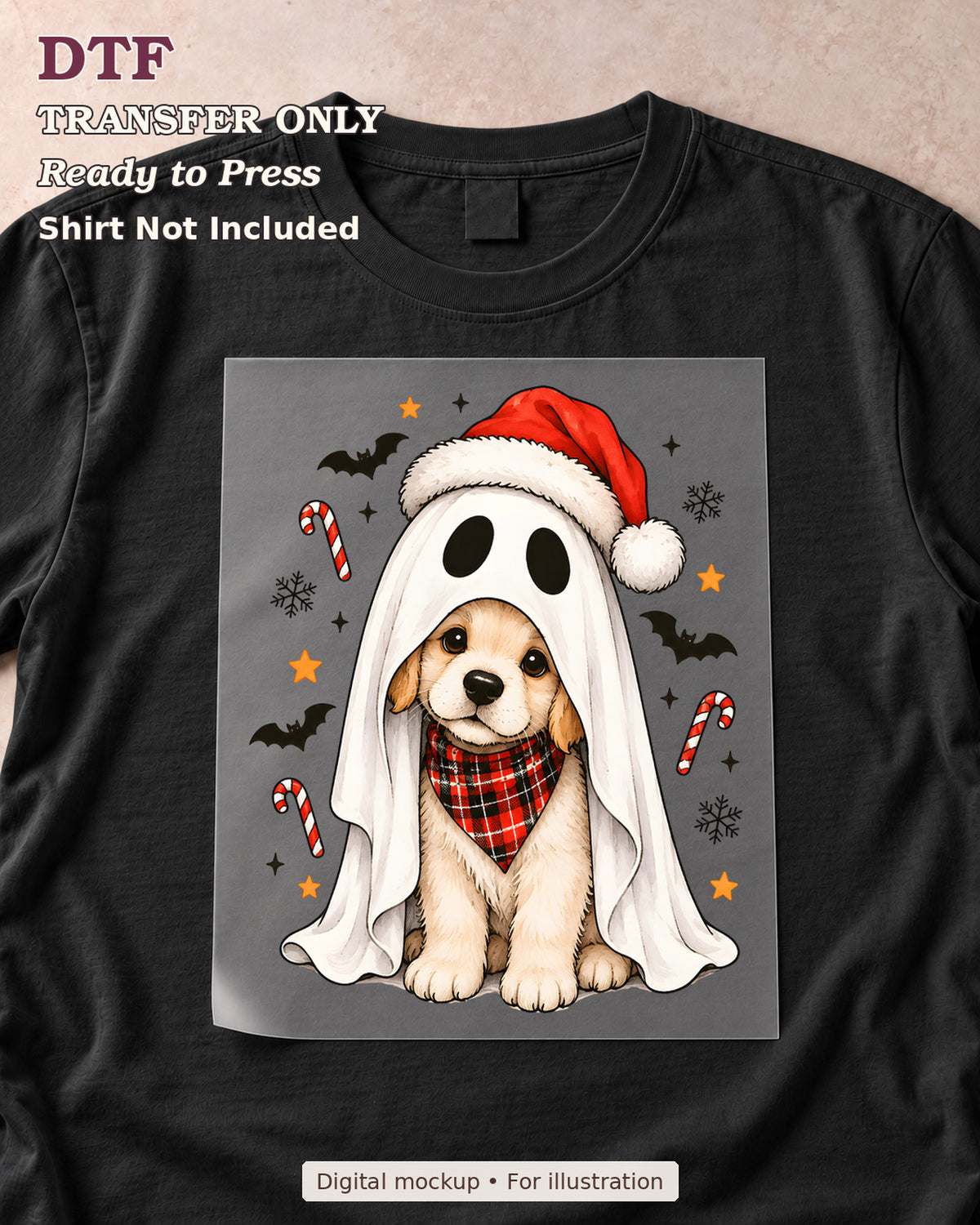 Puppy in a white ghost costume and Santa hat with candy canes, shown as a transfer sheet on a black shirt; shirt not included.
