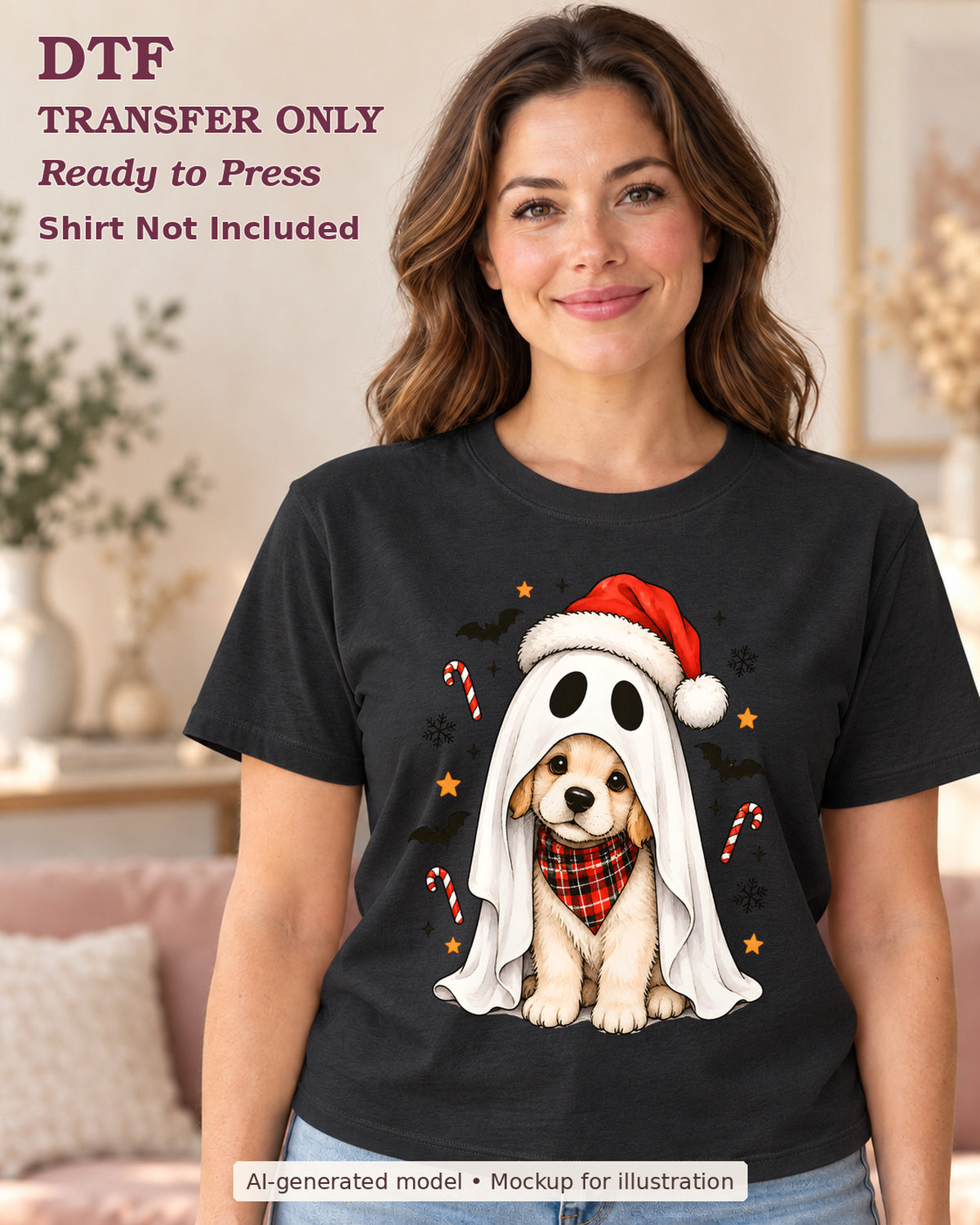 AI-model mockup wearing a black shirt with puppy in a white ghost costume and santa hat with candy canes; physical DTF transfer only.