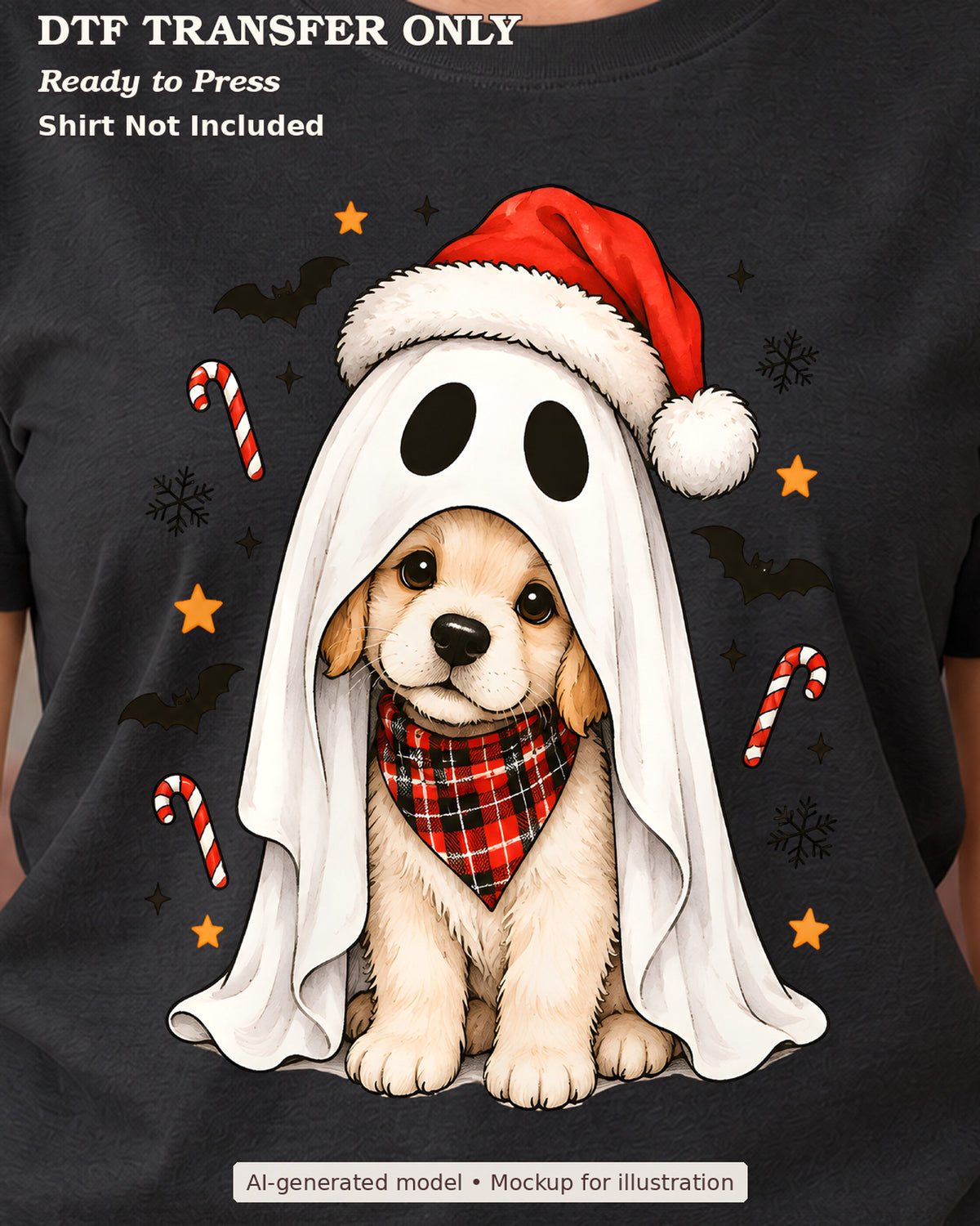 Close-up black shirt mockup showing puppy in a white ghost costume and santa hat with candy canes; shirt not included.