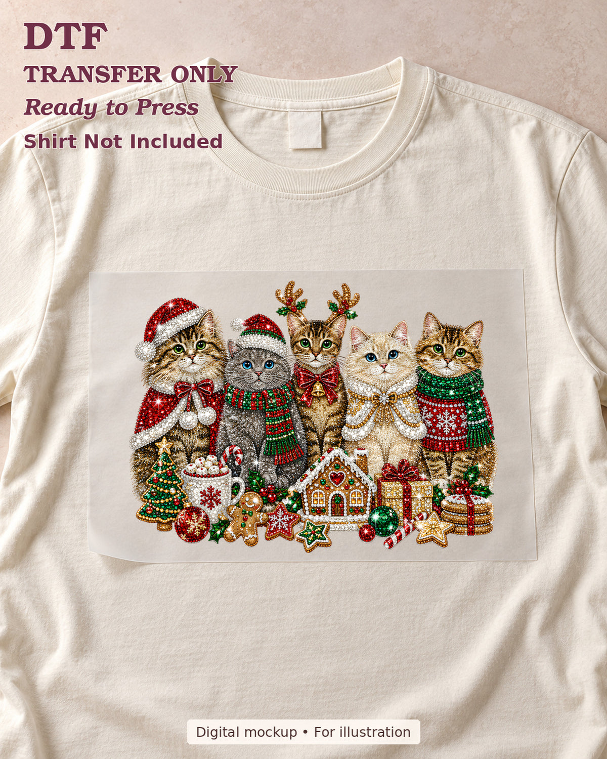 Group of Christmas cats in holiday outfits with a gingerbread house and gifts, shown as a transfer sheet on a cream shirt; shirt not included.