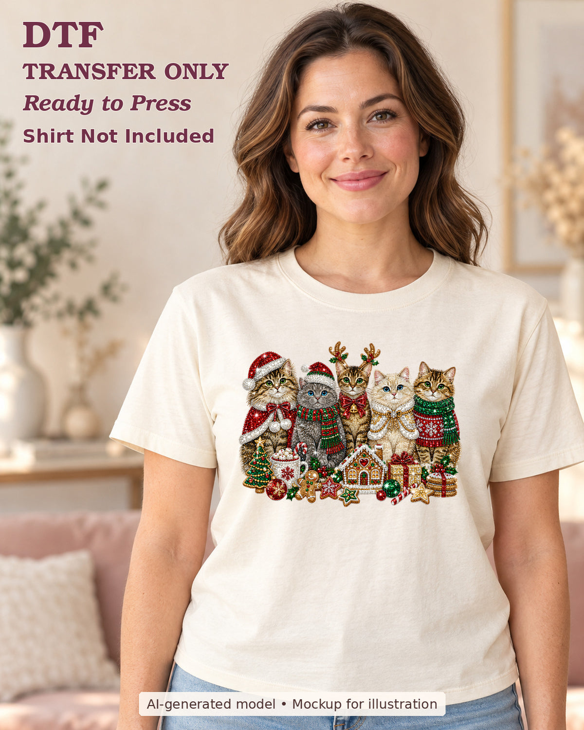 AI-model mockup wearing a cream shirt with group of christmas cats in holiday outfits with a gingerbread house and gifts; physical DTF transfer only.
