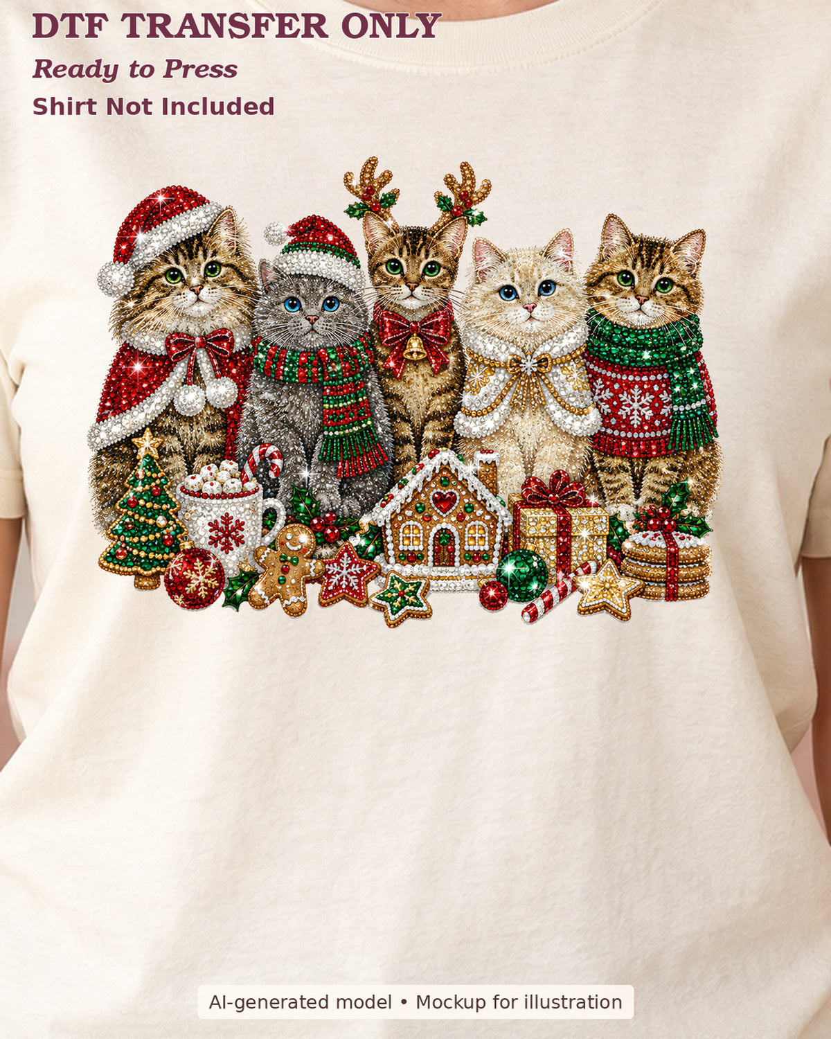 Close-up cream shirt mockup showing group of christmas cats in holiday outfits with a gingerbread house and gifts; shirt not included.