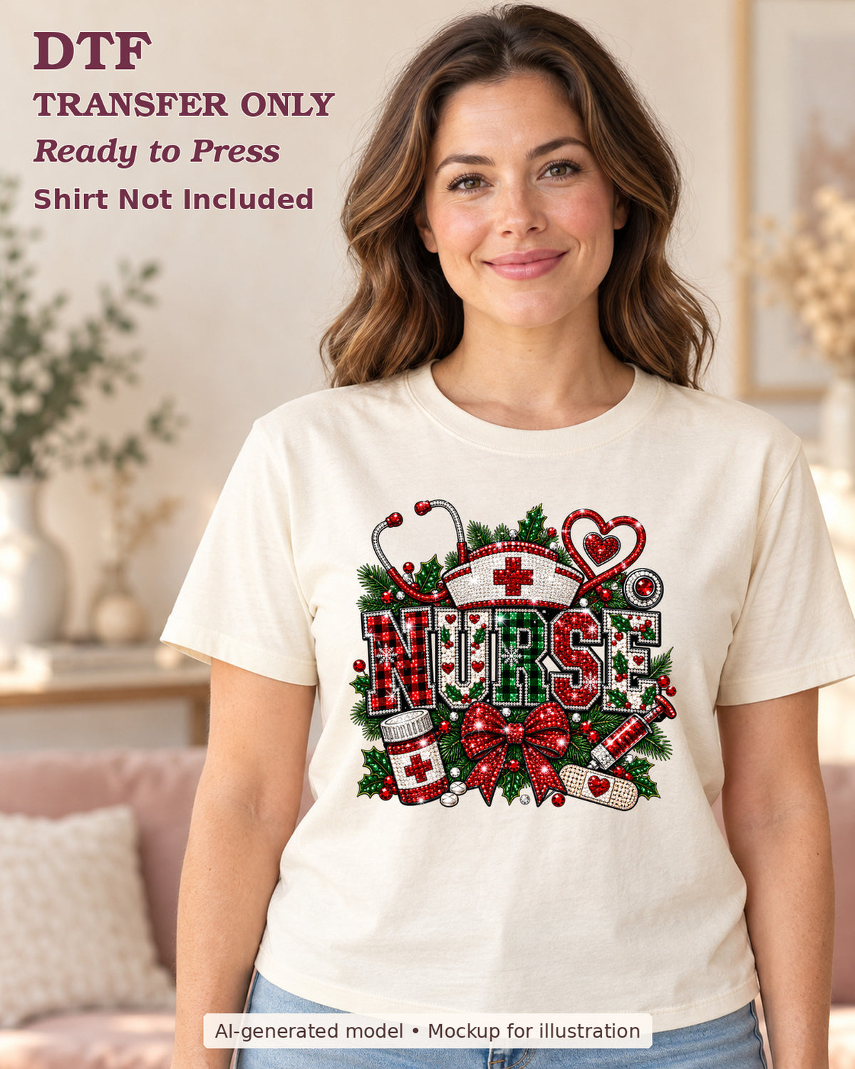 AI-model mockup wearing a cream shirt with christmas nurse lettering with medical symbols, festive greenery and a red bow; physical DTF transfer only.