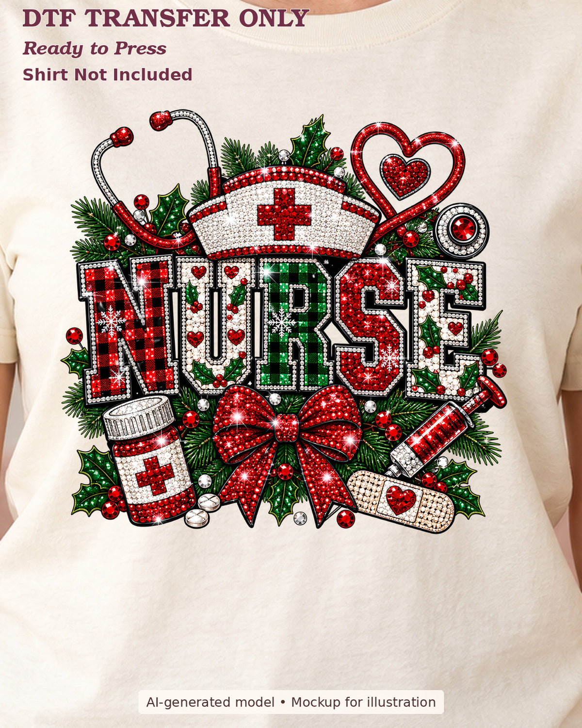 Close-up cream shirt mockup showing christmas nurse lettering with medical symbols, festive greenery and a red bow; shirt not included.