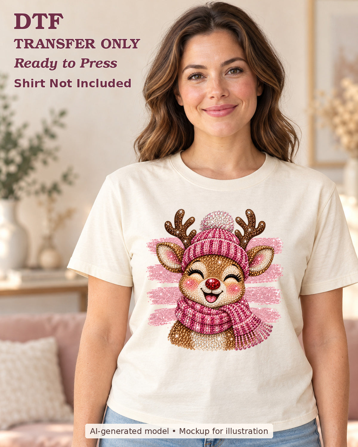Smiling reindeer in a pink knit-look hat and scarf shown on a cream shirt worn by a woman; DTF transfer only, shirt not included.
