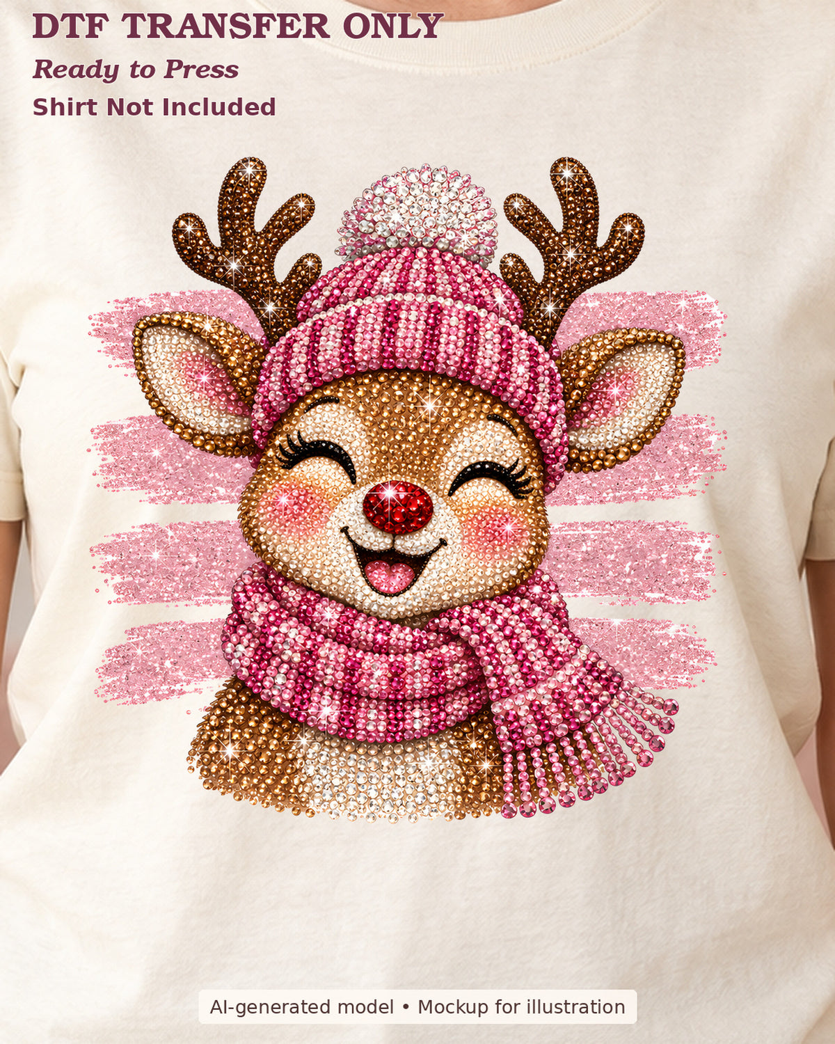 Close-up of smiling reindeer in a pink knit-look hat and scarf on a cream shirt; physical DTF transfer only.