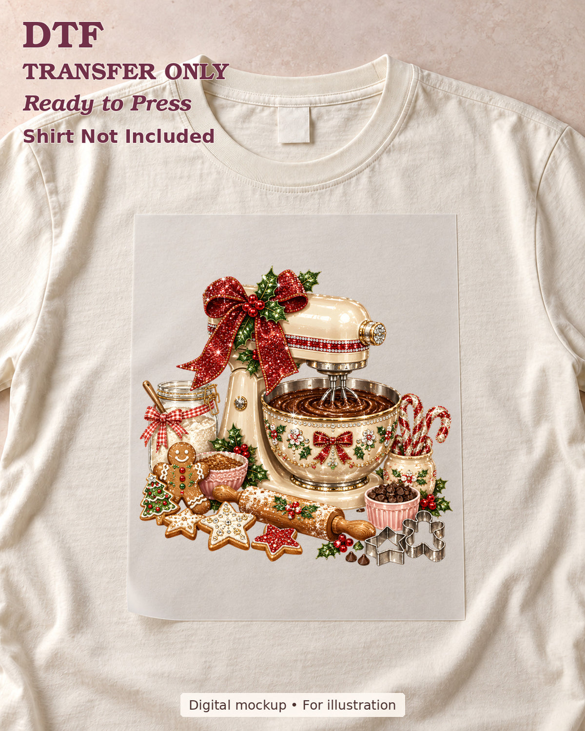 Festive stand mixer with red bow, gingerbread cookies and Christmas baking treats DTF transfer shown on film over a cream shirt; shirt not included.