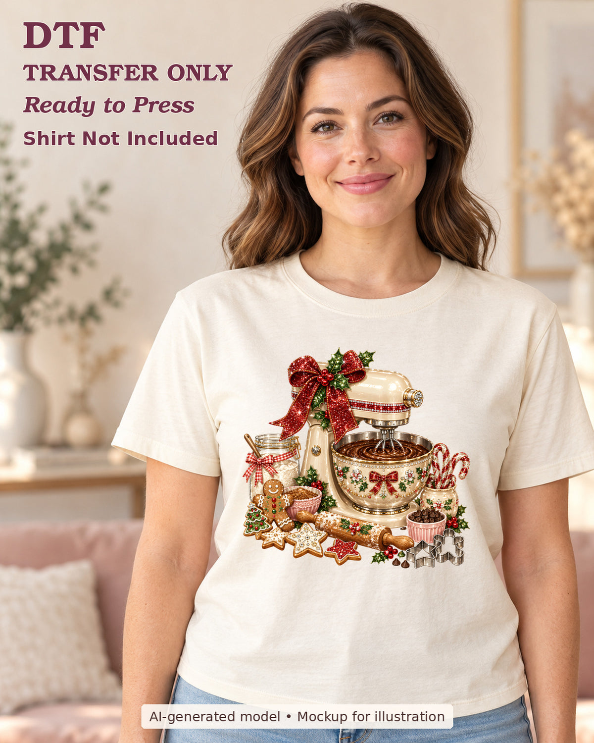 Festive stand mixer with red bow, gingerbread cookies and Christmas baking treats shown on a cream shirt worn by a woman; DTF transfer only, shirt not included.