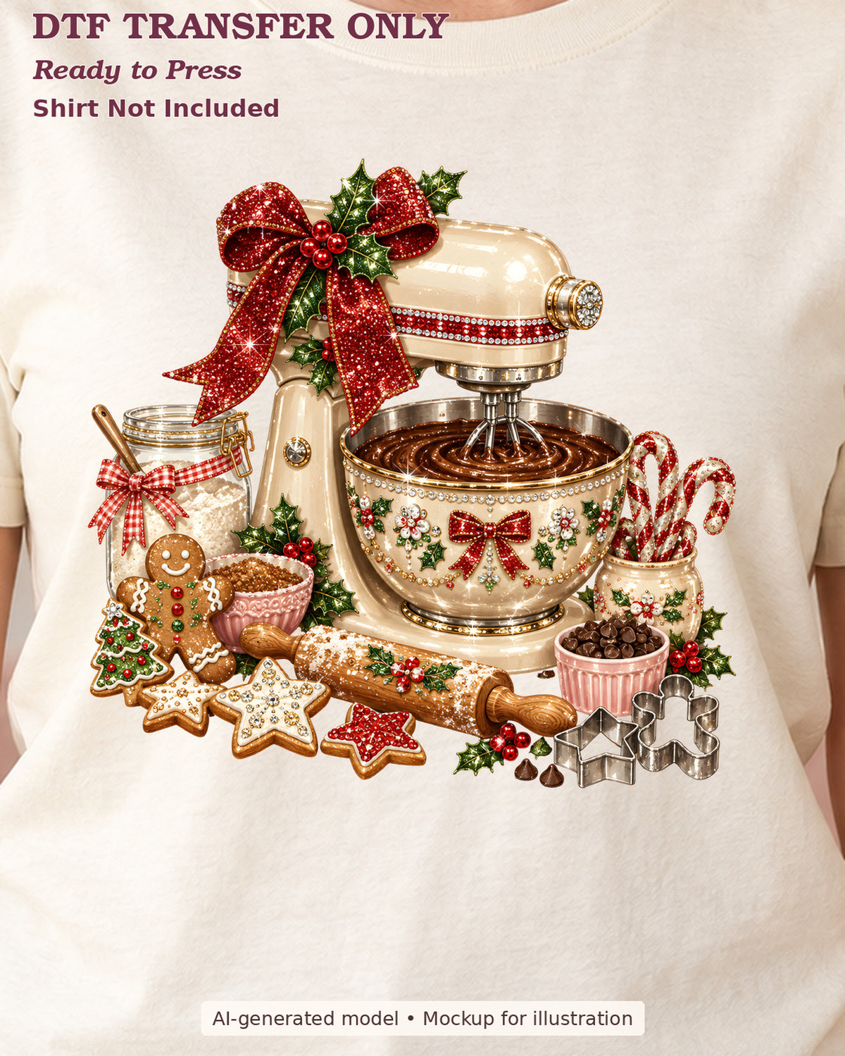 Close-up of festive stand mixer with red bow, gingerbread cookies and christmas baking treats on a cream shirt; physical DTF transfer only.