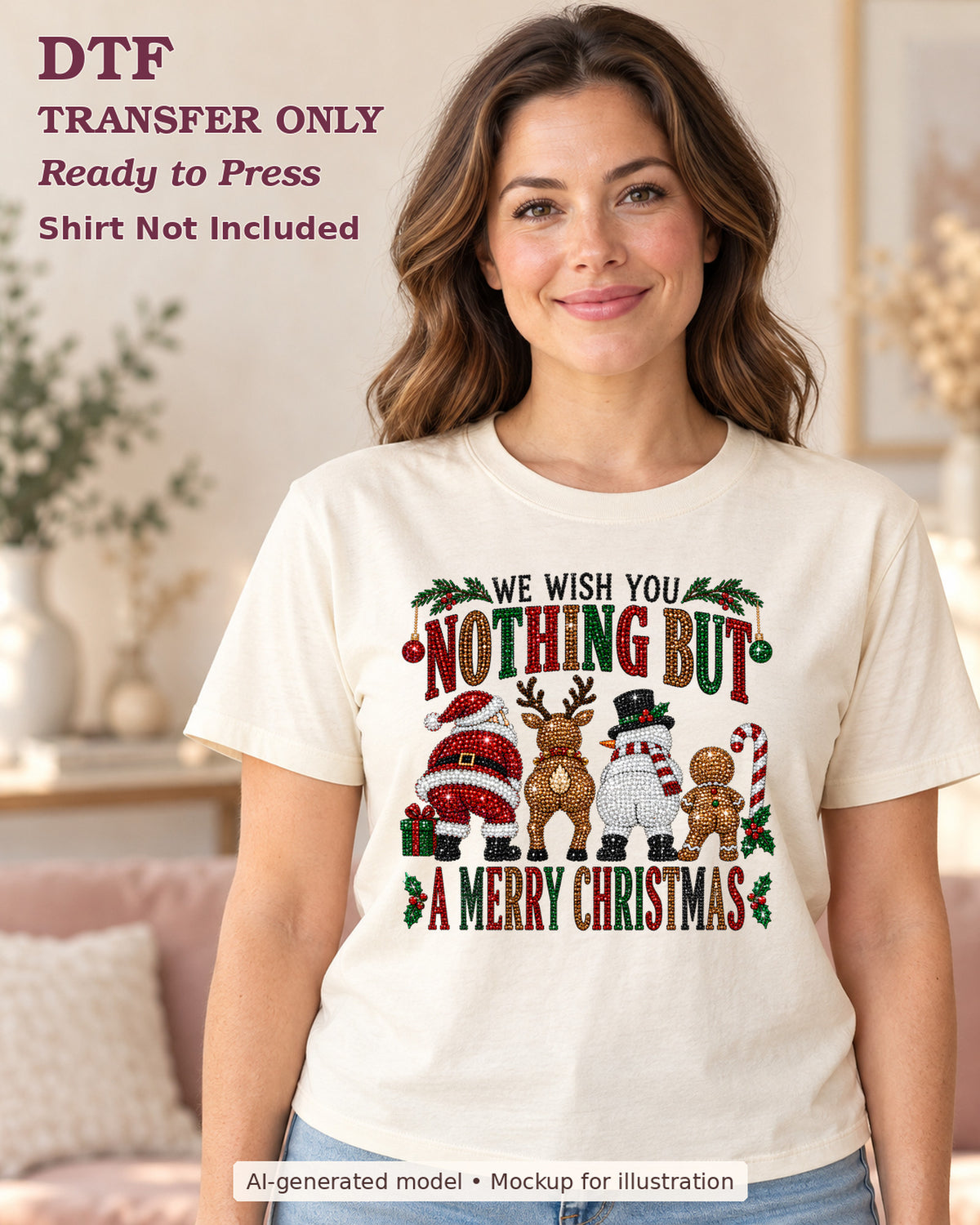 We Wish You Nothing Butt a Merry Christmas lettering with rear-facing holiday characters shown on a cream shirt worn by a woman; DTF transfer only, shirt not included.
