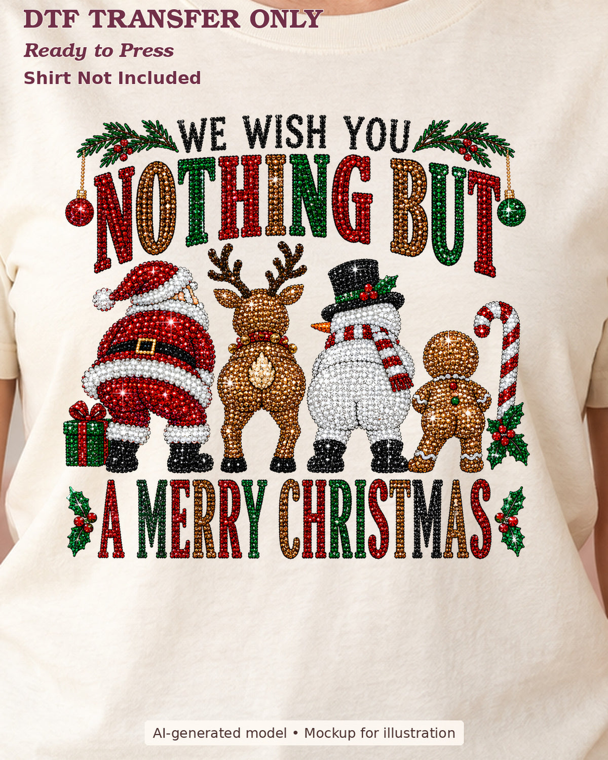 Close-up of we wish you nothing butt a merry christmas lettering with rear-facing holiday characters on a cream shirt; physical DTF transfer only.