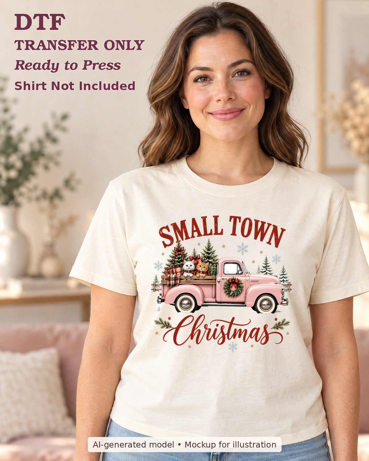 Small Town Christmas lettering with a pink vintage pickup truck and Christmas trees shown on a cream shirt worn by a woman; DTF transfer only, shirt not included.