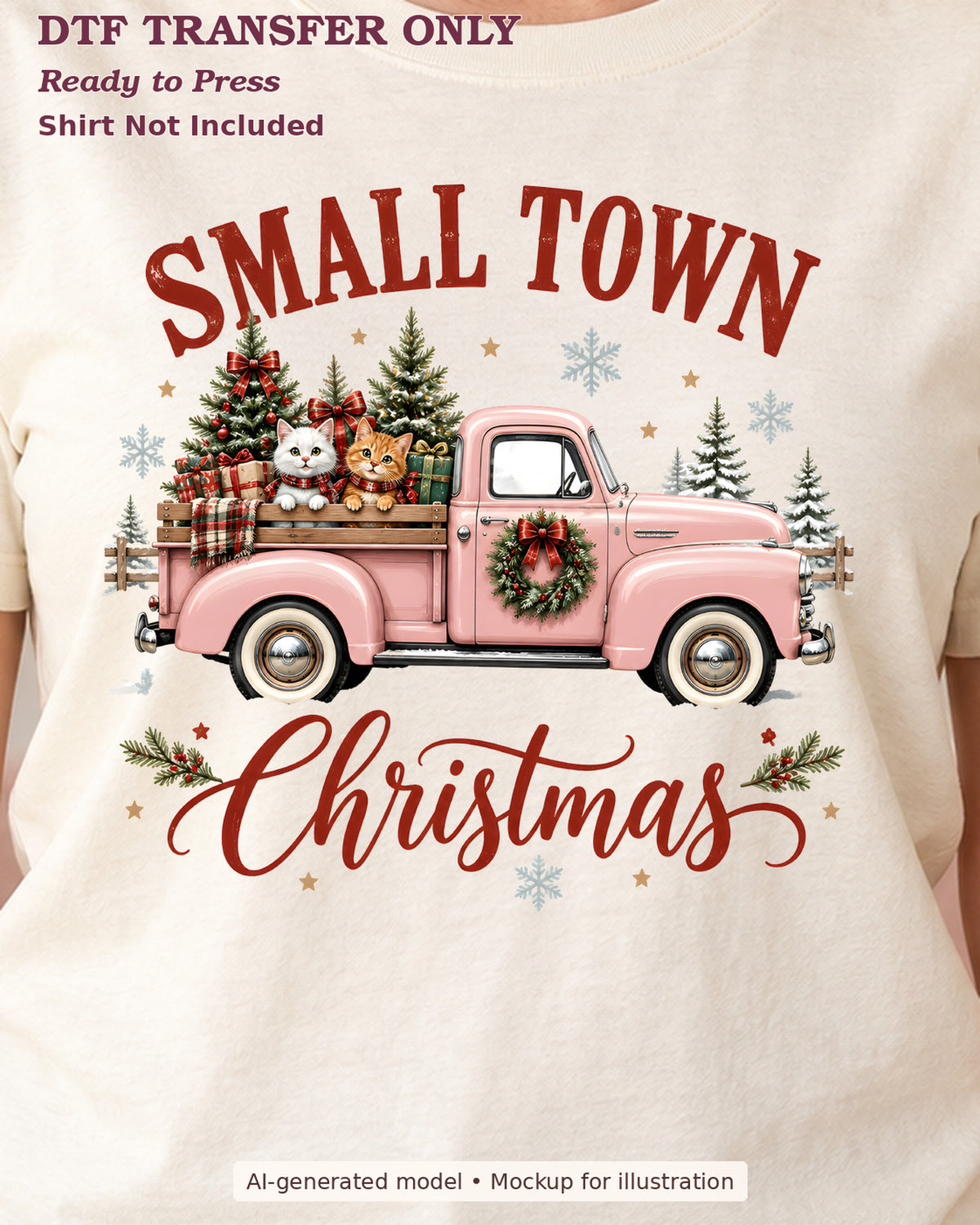 Close-up of small town christmas lettering with a pink vintage pickup truck and christmas trees on a cream shirt; physical DTF transfer only.