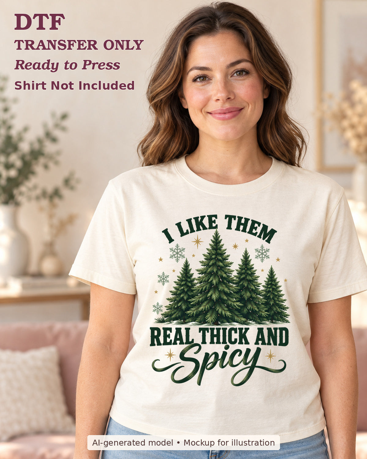 I Like Them Real Thick and Spicy lettering with green evergreen trees shown on a cream shirt worn by a woman; DTF transfer only, shirt not included.