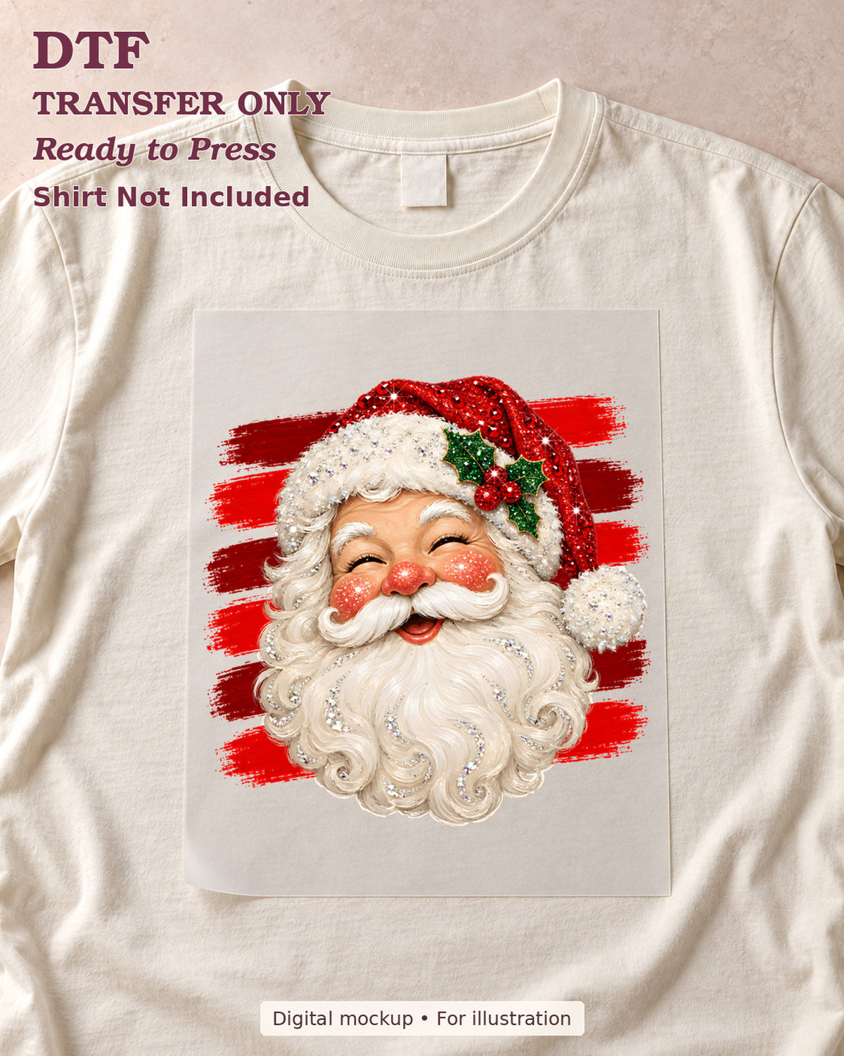 smiling vintage Santa face with a red hat and red brushstroke background DTF transfer displayed on a cream flat-lay shirt; shirt not included.