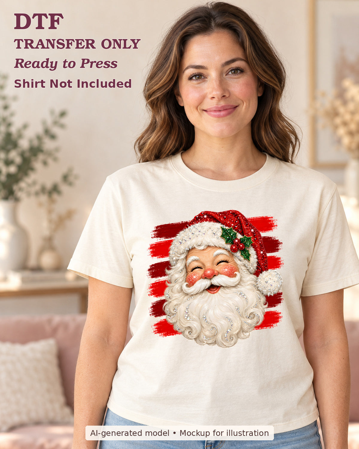 Adult model wearing a cream shirt showing smiling vintage Santa face with a red hat and red brushstroke background; DTF transfer only.