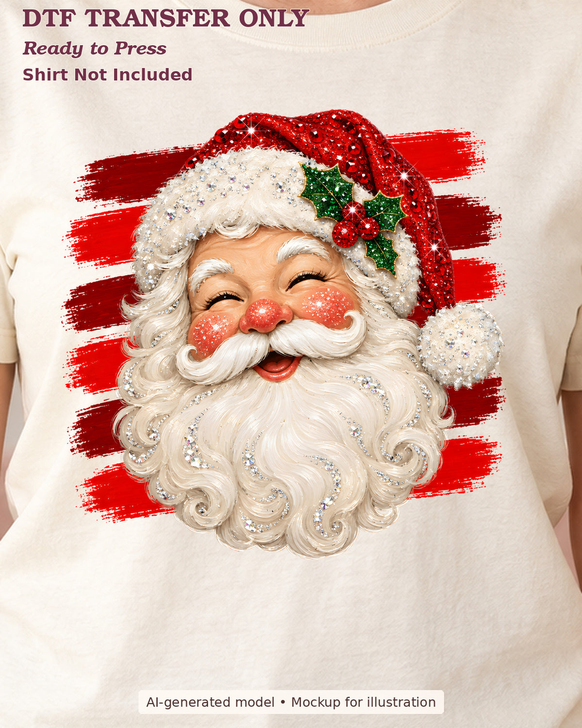 Close-up of smiling vintage Santa face with a red hat and red brushstroke background on a cream shirt; ready-to-press DTF transfer, shirt not included.