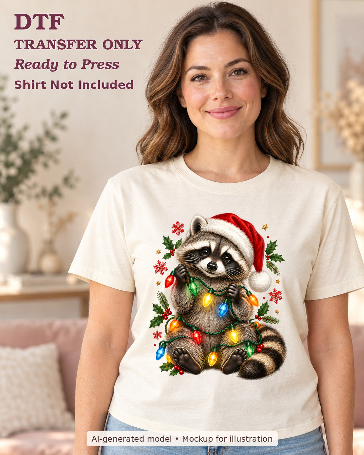 Adult model wearing a cream shirt showing raccoon in a Santa hat wrapped in colorful Christmas lights; DTF transfer only.