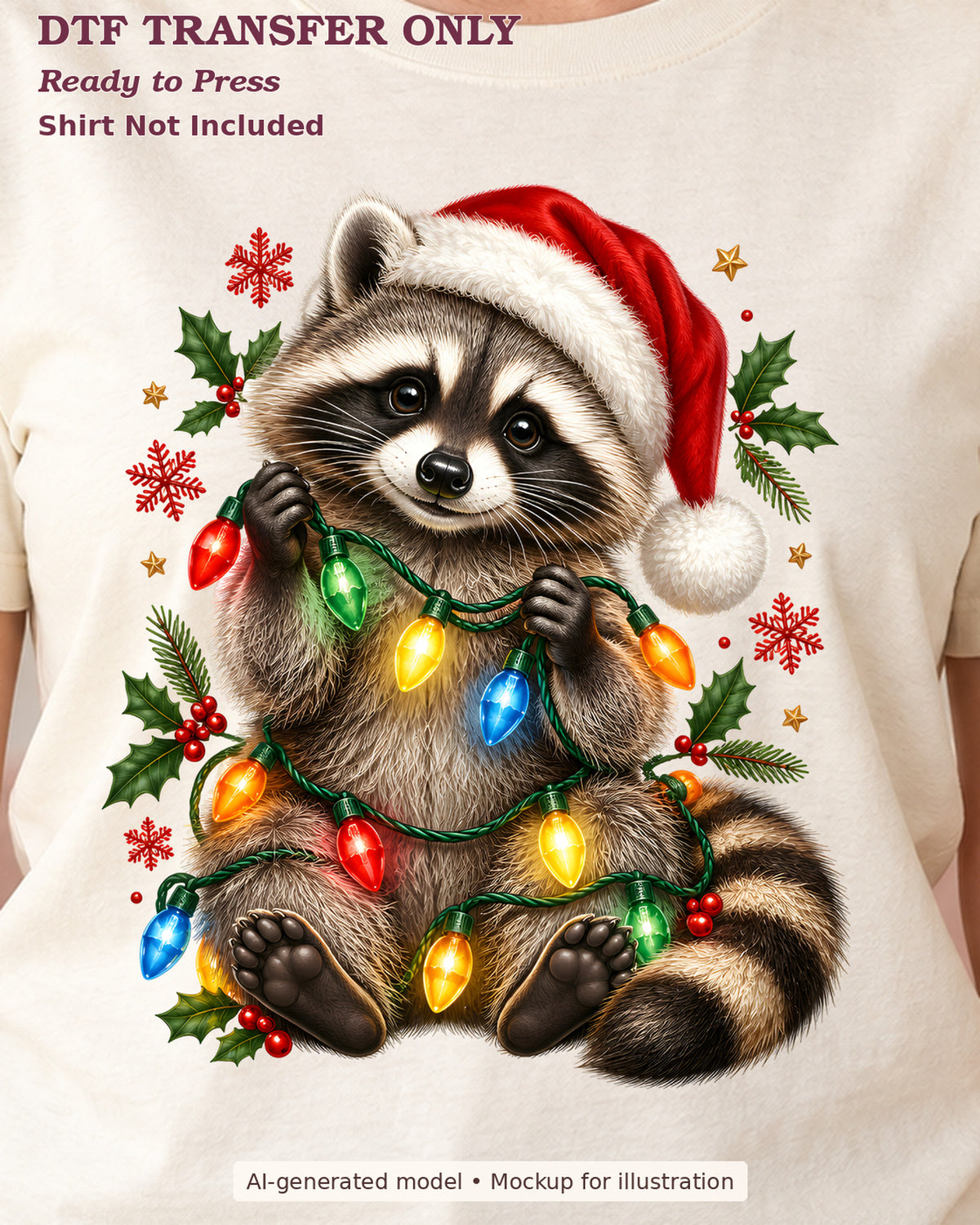 Close-up of raccoon in a Santa hat wrapped in colorful Christmas lights on a cream shirt; ready-to-press DTF transfer, shirt not included.